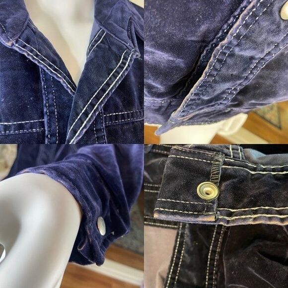 Vintage 70s Navy Blue Velvet Jean-Denim-Style Jacket Wide Collar felt velveteen - Picture 4 of 15